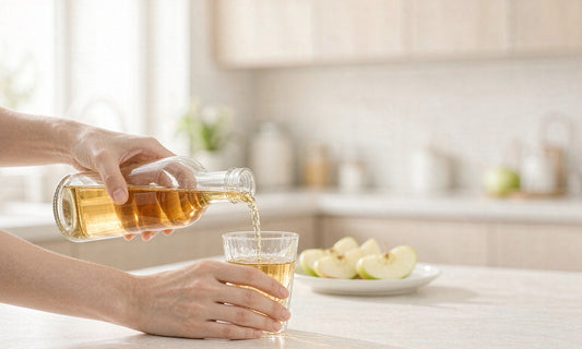 Fair skin hands pouring pale amber vinegar into a small glass beside fresh apple slices on a counter
