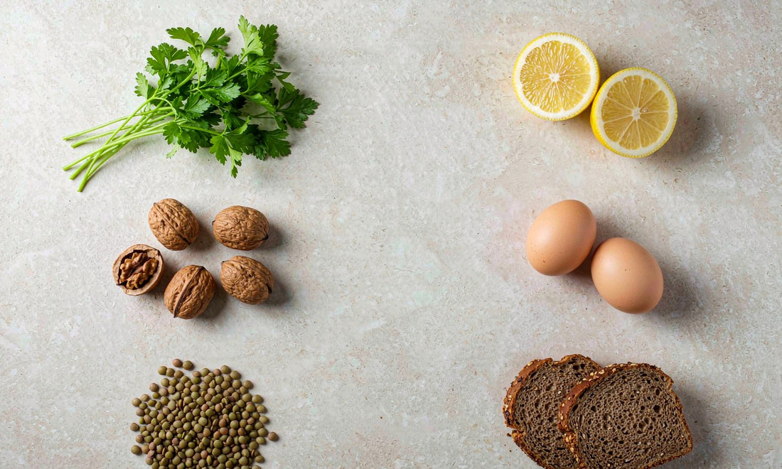 Overhead flat lay of nutrient dense whole foods with parsley, lemon, walnuts, eggs, lentils and rye bread