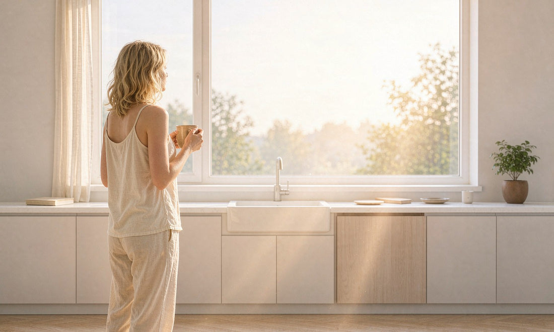Woman seen from behind holding a warm mug by a bright kitchen window in golden morning sunlight