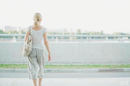 Woman with a tote bag walking on a quiet sunlit sidewalk, a calm morning commute seen from behind