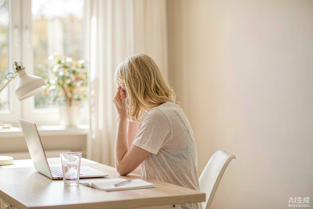 Woman resting at a bright home desk in warm afternoon light during the natural post lunch dip