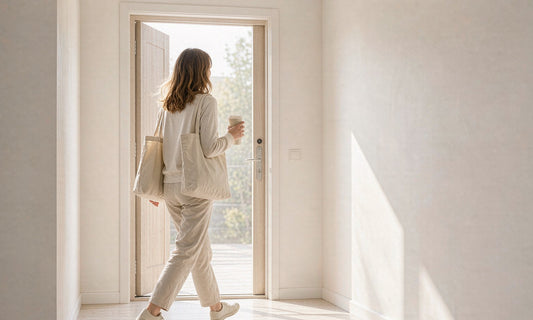 Person seen from behind walking through a bright minimal entryway with a canvas tote and reusable cup in morning light