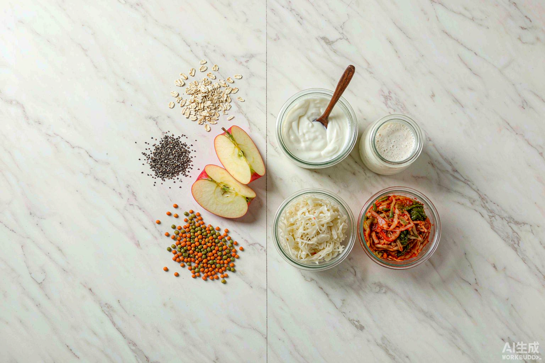 Overhead arrangement of fiber-rich foods and fermented probiotic foods on white marble, split into two neat groups
