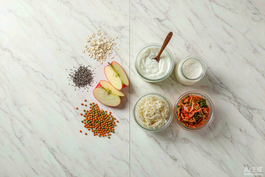 Overhead arrangement of fiber-rich foods and fermented probiotic foods on white marble, split into two neat groups