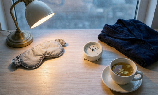 Overhead flat lay of a sleep mask, alarm clock and evening tea on a warm lamplit desk