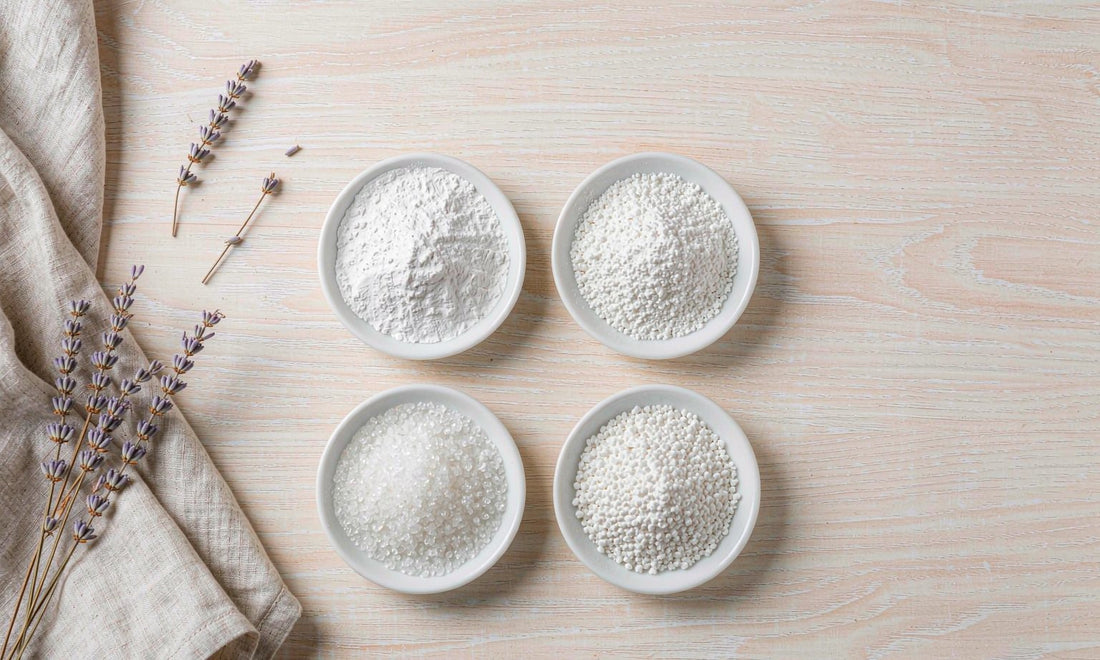 Four dishes of different magnesium powder forms arranged on a pale oak table with linen and lavender