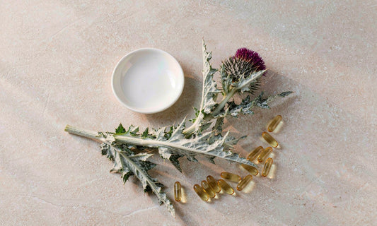 Overhead flat lay of milk thistle sprigs and amber gel capsules on a pale stone surface