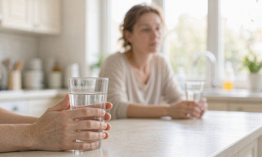 Hands holding a glass of water on a bright kitchen counter after a night shift ends