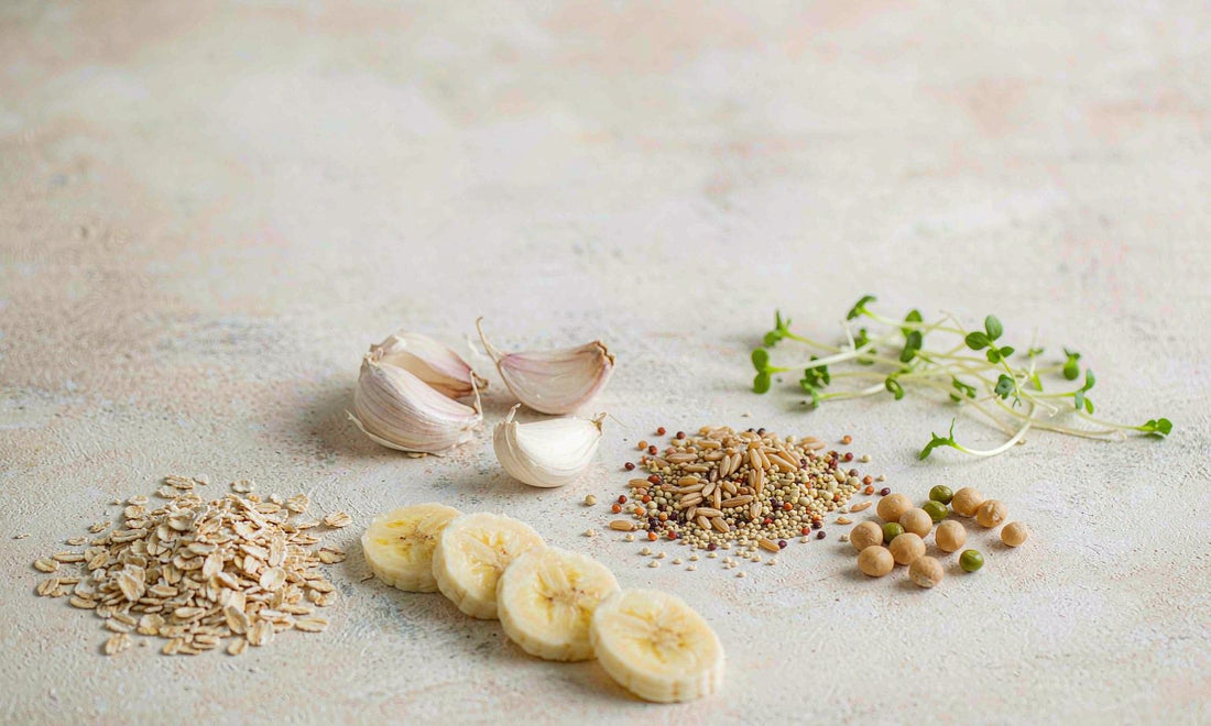 Fiber-rich foods including oats banana garlic grains and sprouts scattered on a pale stone surface