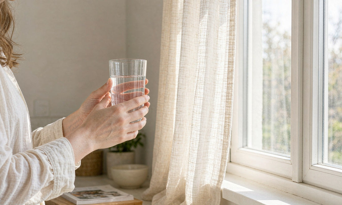 Fair light skin hands holding a clear glass of water beside a sunlit kitchen window with linen curtains