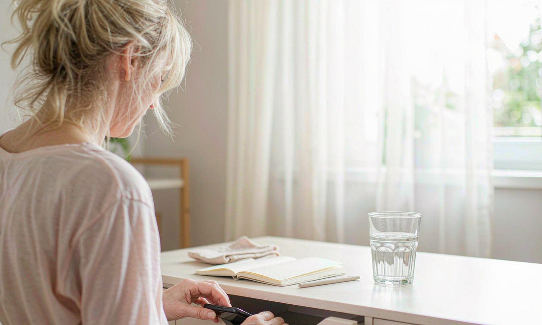 Woman putting her smartphone away in a drawer at a bright minimal desk with a notebook and glass of water