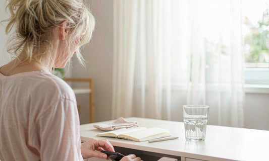 Woman putting her smartphone away in a drawer at a bright minimal desk with a notebook and glass of water