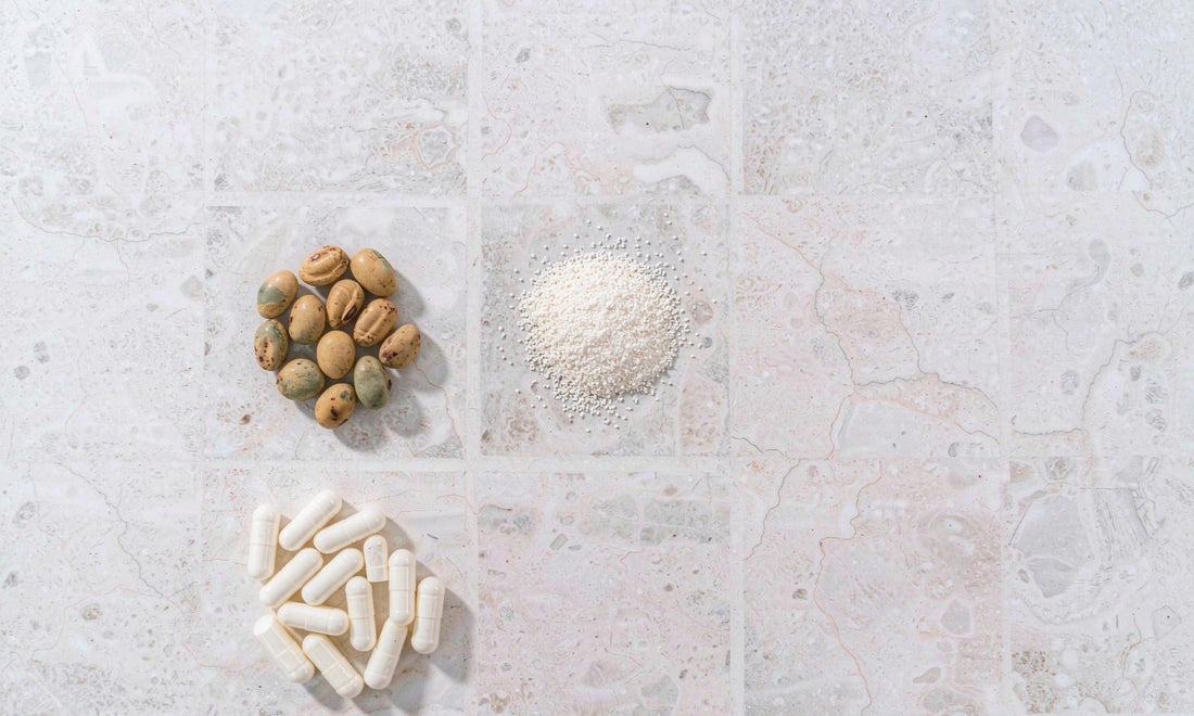White capsules, dried legumes and amino acid powder arranged in a minimal grid on pale stone