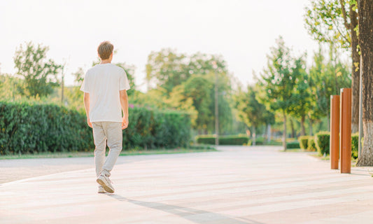 Person seen from behind walking along a sunlit park path in casual clothing