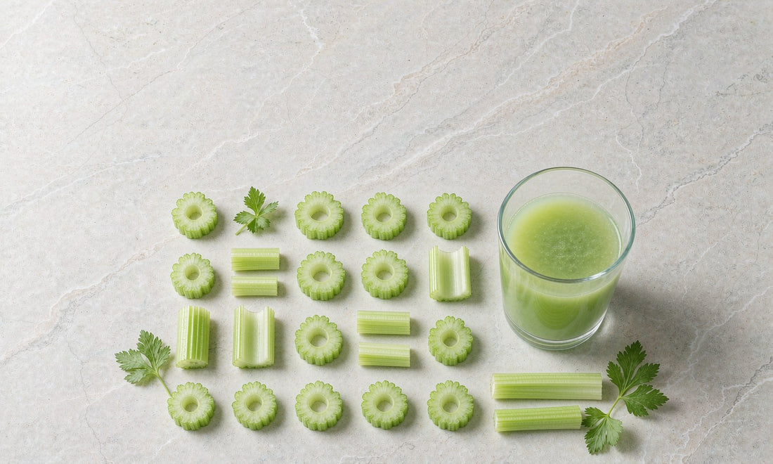 Fresh celery stalks and slices arranged in a precise grid pattern beside a glass of green juice