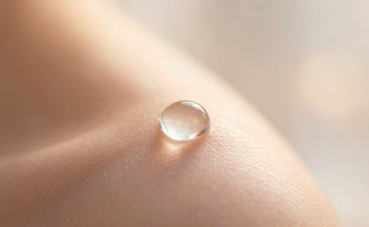 Extreme macro of a single water droplet resting on smooth healthy skin with soft golden light
