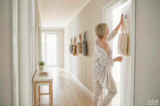 Western woman in her fifties with short blonde hair reaching for her tote bag by the door, active daily routine
