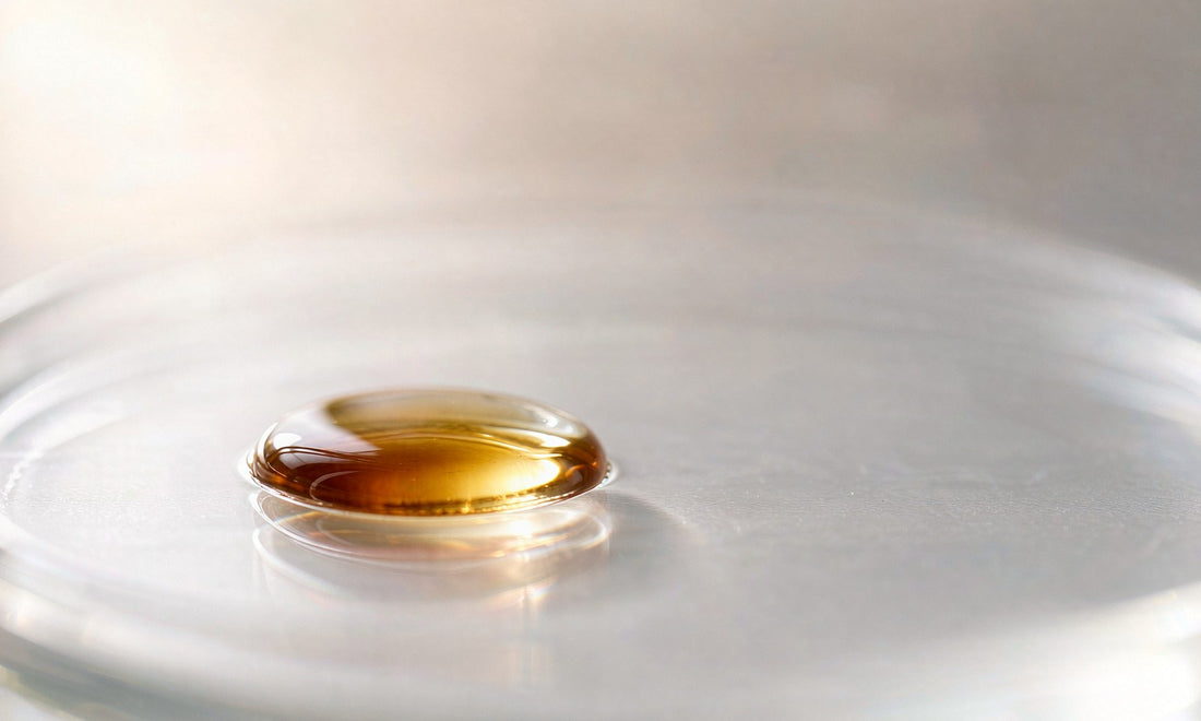Extreme macro of a single amber oil droplet on clean laboratory glass with shallow depth of field