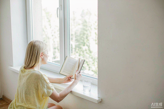Blonde woman reading by a bright window with a glass of water resting on the sill