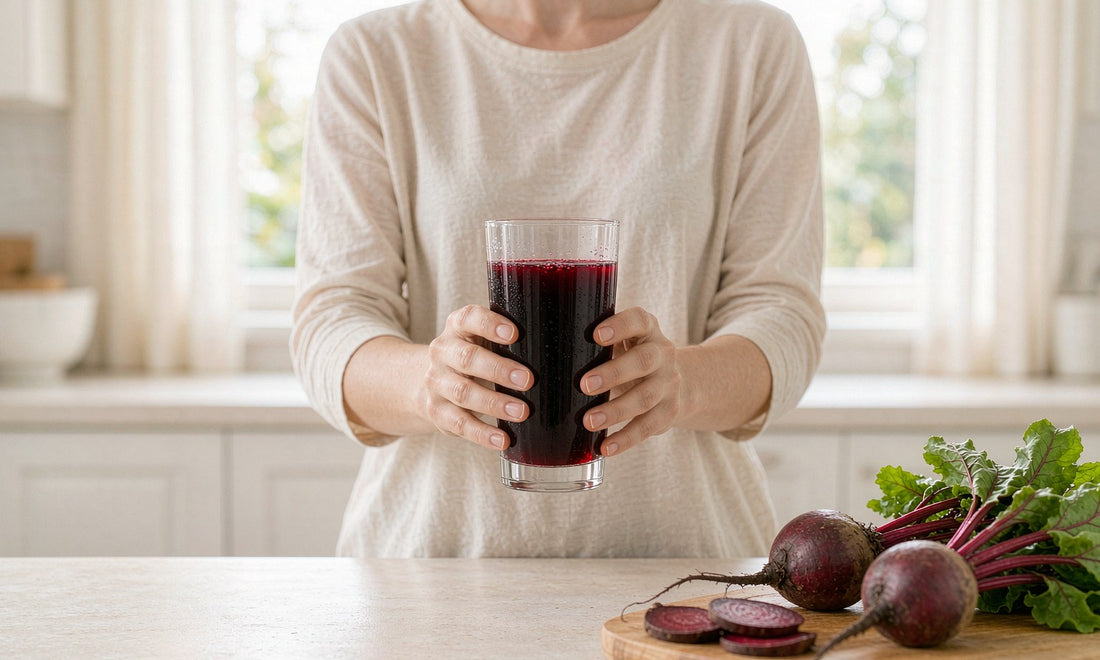 Hands holding a glass of beetroot juice beside fresh beets on a bright kitchen counter