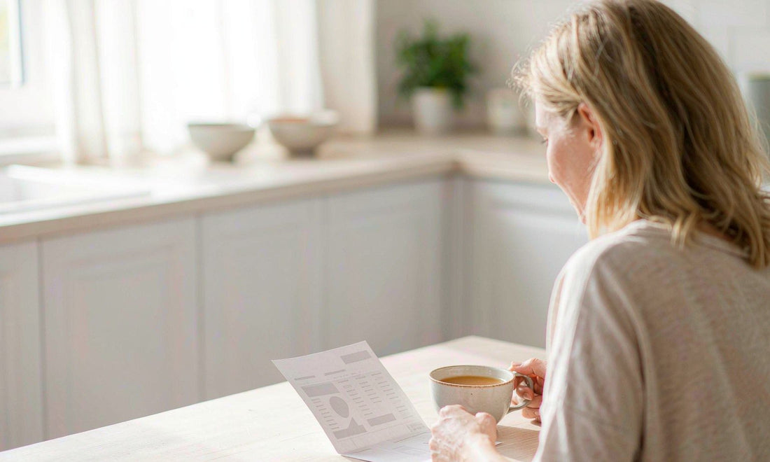 Soft-focus Western woman seated at a sunlit kitchen table with a folded lab report and a cup of tea
