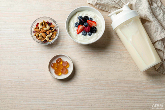 Overhead flat lay of protein-rich foods, nuts, Greek yogurt and gummies on a light wooden table, representing amino acid nutrition