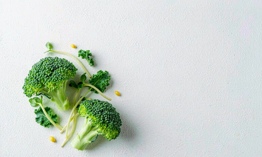 Flat arrangement of broccoli florets, sprouts and kale leaves spaced like a specimen diagram on a white surface