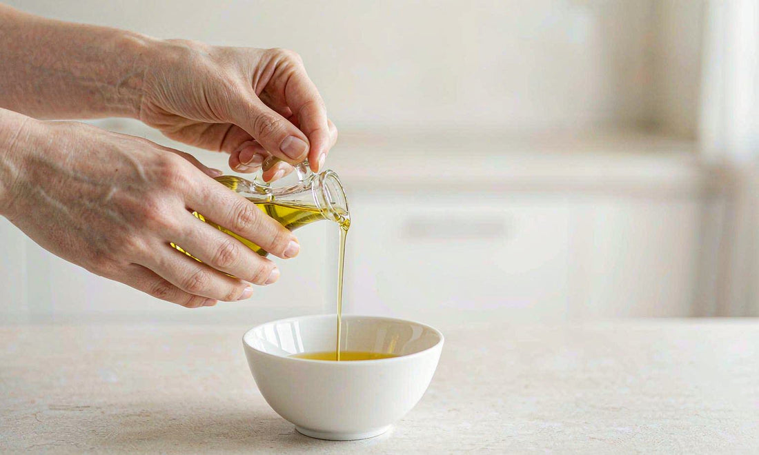 Hands drizzling golden extra virgin olive oil from a glass carafe into a white bowl on a bright counter