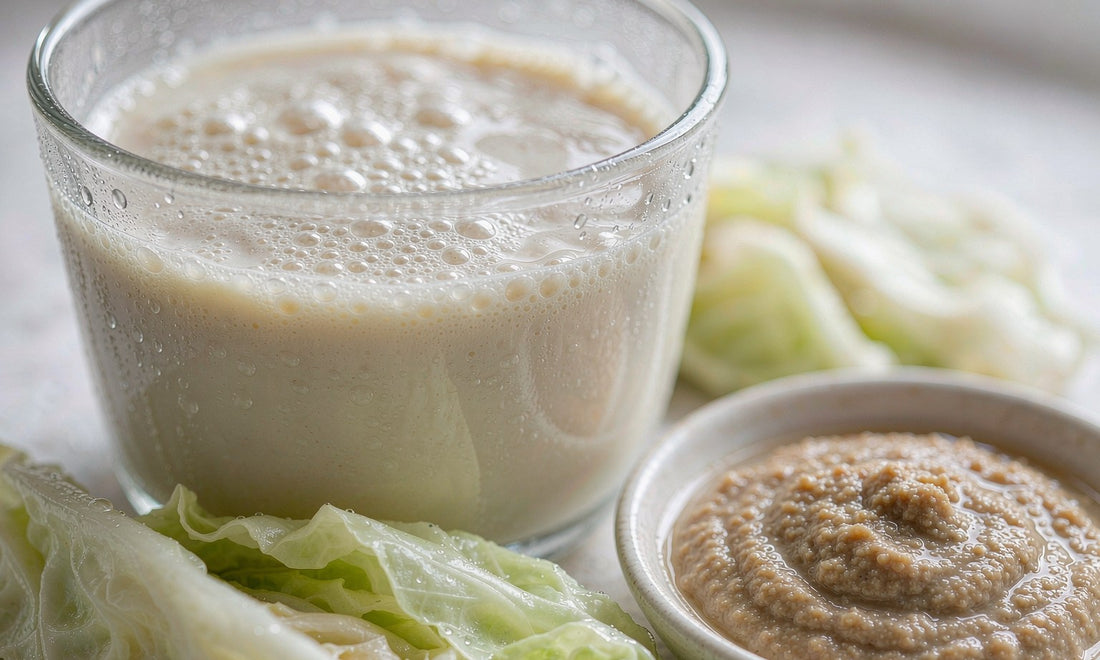 Macro close-up of a glass of kefir with sauerkraut leaves and a small dish of miso