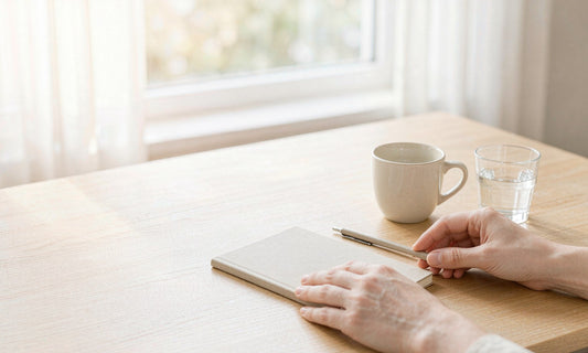 Hands arranging a notebook, pen and cup of water on a bright wooden desk before a first day