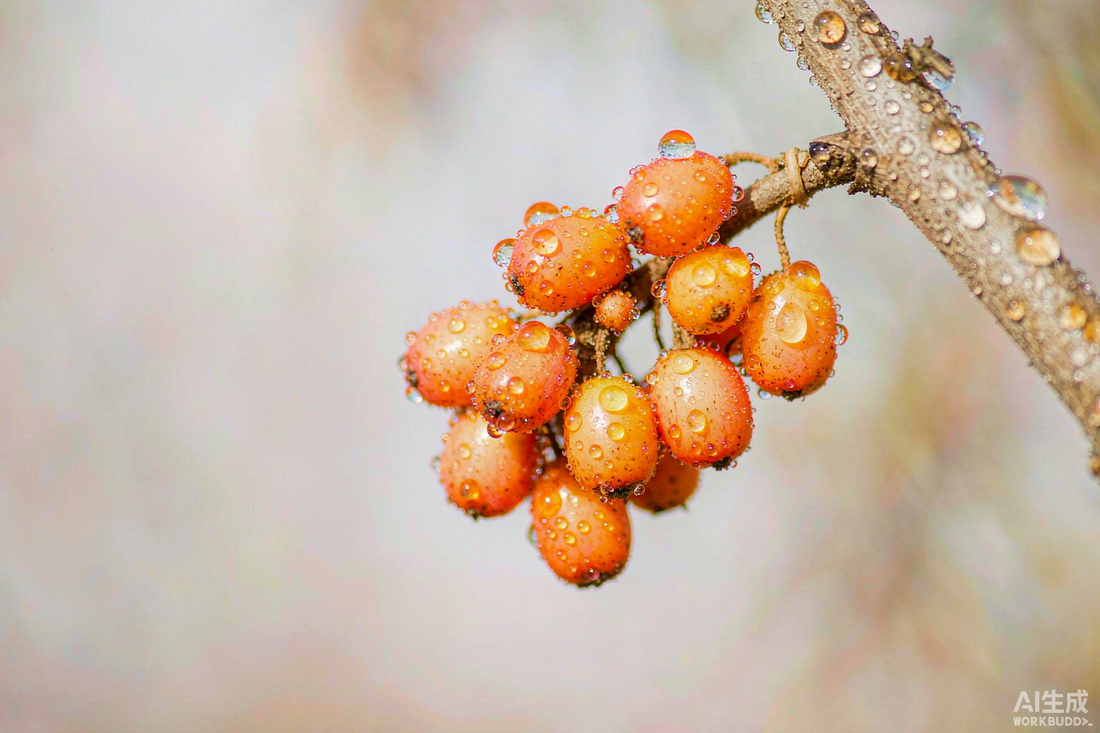 Macro close up of vivid orange sea buckthorn berries with golden oil droplets and soft natural texture