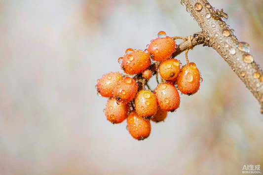 Macro close up of vivid orange sea buckthorn berries with golden oil droplets and soft natural texture