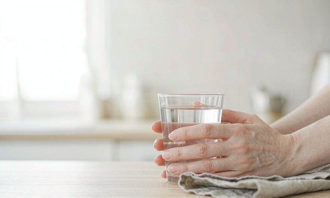 Hands holding a glass of water in a bright morning kitchen, a calm start to a mindful supplement routine