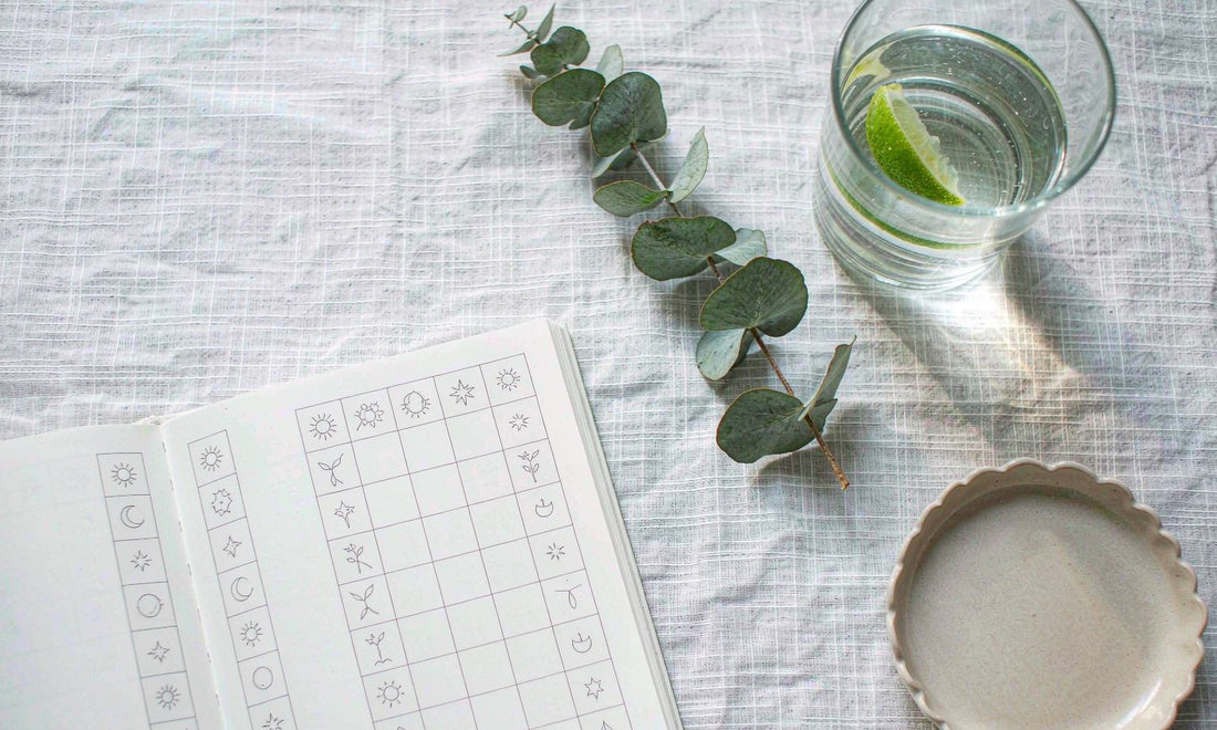 Overhead flat lay of a cycle tracking journal, citrus water and eucalyptus on pale linen, soft morning light