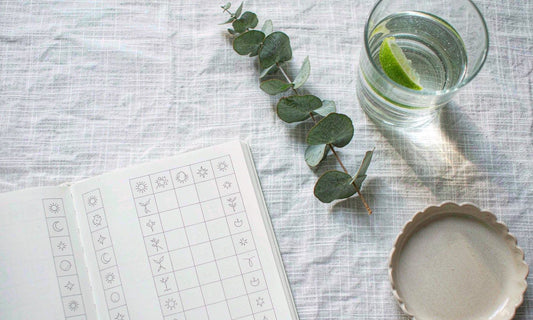 Overhead flat lay of a cycle tracking journal, citrus water and eucalyptus on pale linen, soft morning light