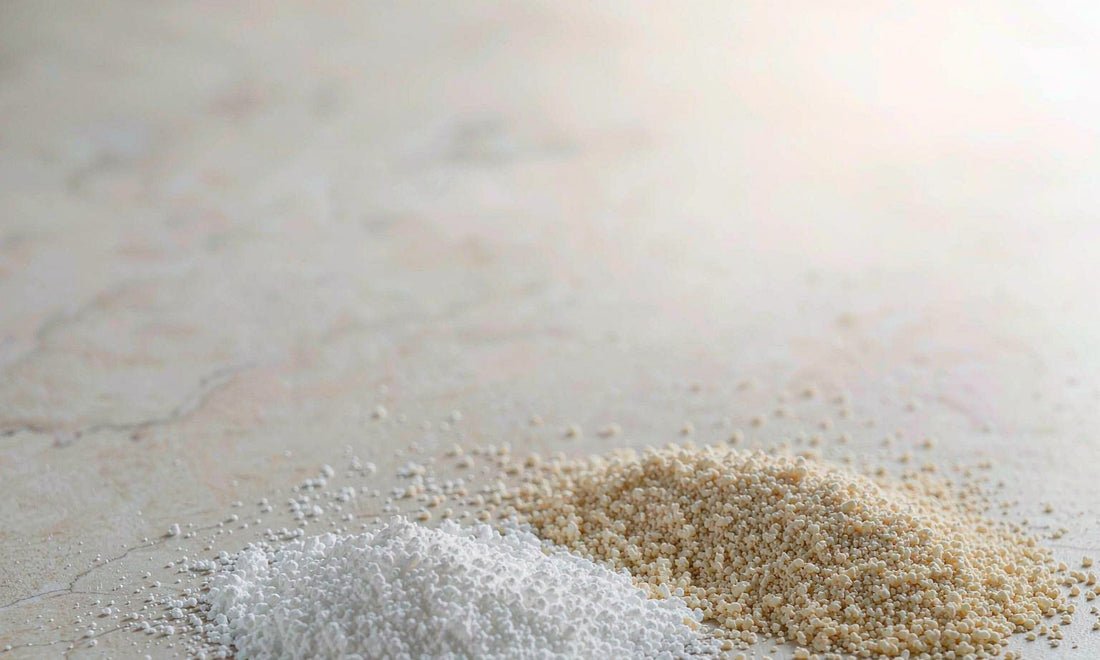 Macro view of two fine supplement powders side by side on a pale stone surface in soft light