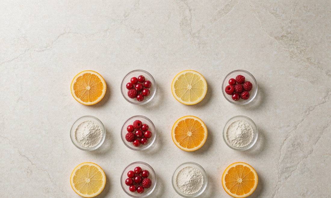Overhead grid of citrus slices, red berries and a small dish of powder on pale stone