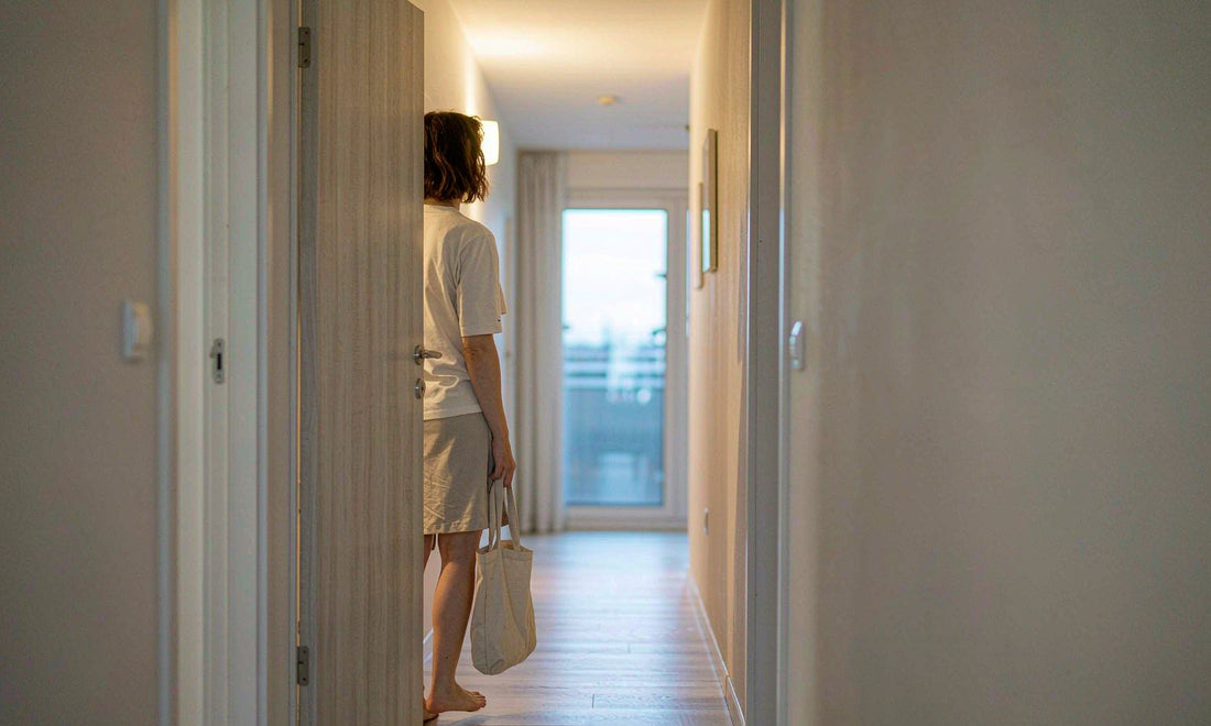 A person seen from behind leaving a dim pre-dawn hallway carrying a tote bag