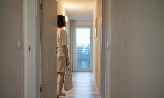 A person seen from behind leaving a dim pre-dawn hallway carrying a tote bag