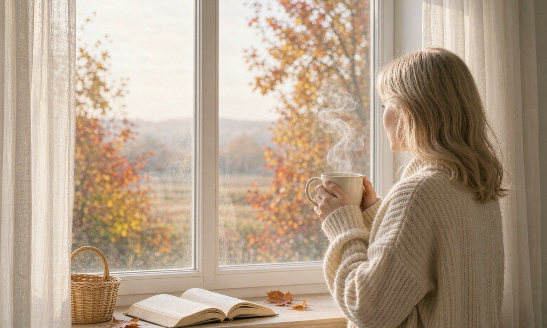 Woman seen from behind holding a warm mug by a bright window with autumn leaves outside