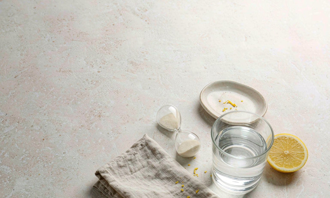 Hourglass beside a glass of water and lemon slice on a pale stone countertop in morning light