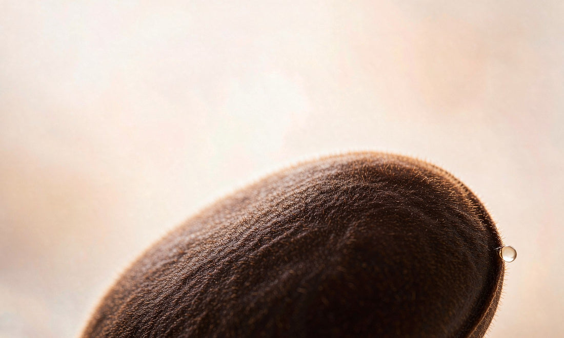 Macro close-up of a velvety dark brown mucuna seed surface with a tiny water droplet and warm rim light