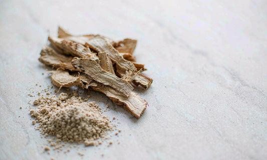 Macro close-up of sliced ashwagandha root and fine beige powder on a pale stone surface