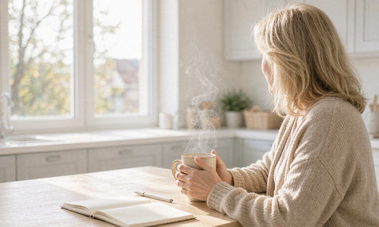 Woman seen from behind holding a warm mug at a sunlit kitchen table beside an open notebook