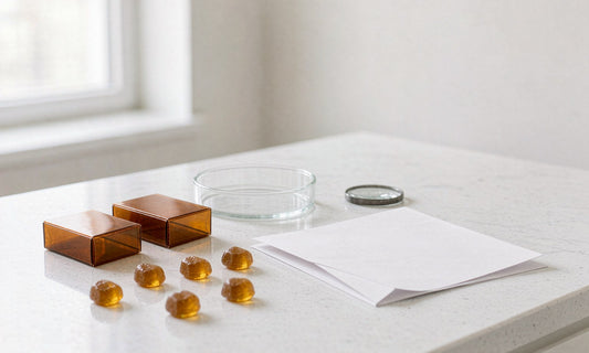 Clean laboratory countertop with amber supplement gummies beside a glass petri dish and a blank certificate, suggesting third-party testing and quality verification