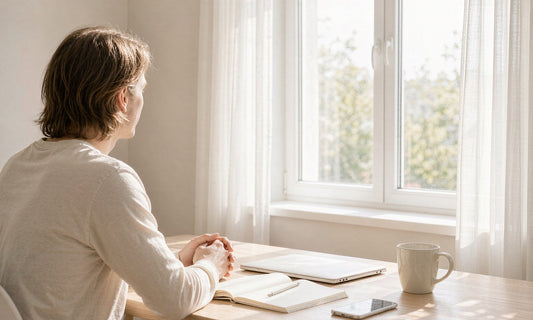 A person seen from behind working at a bright sunlit desk by a large window with a notebook and mug