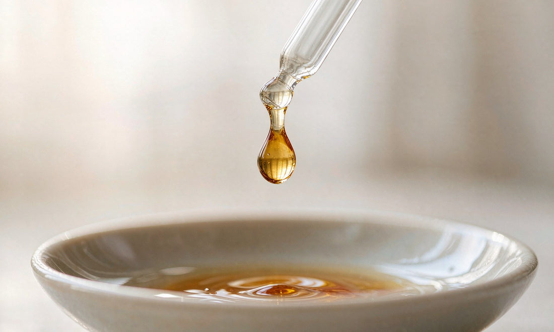 Macro close-up of an amber liquid drop falling from a glass dropper into a small ceramic dish