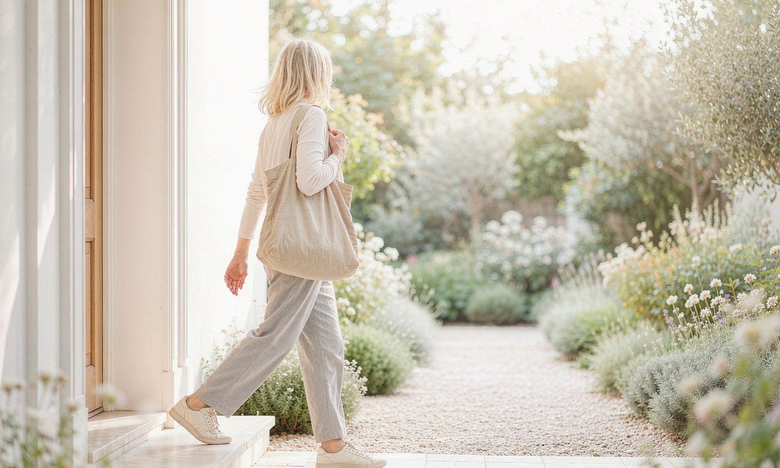 Person seen from behind walking out of a sunlit doorway in sneakers with a tote bag