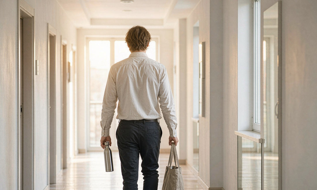 A man seen from behind walking a bright hallway carrying a steel water bottle and a canvas tote