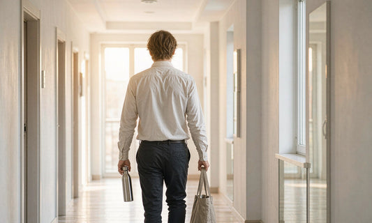 A man seen from behind walking a bright hallway carrying a steel water bottle and a canvas tote